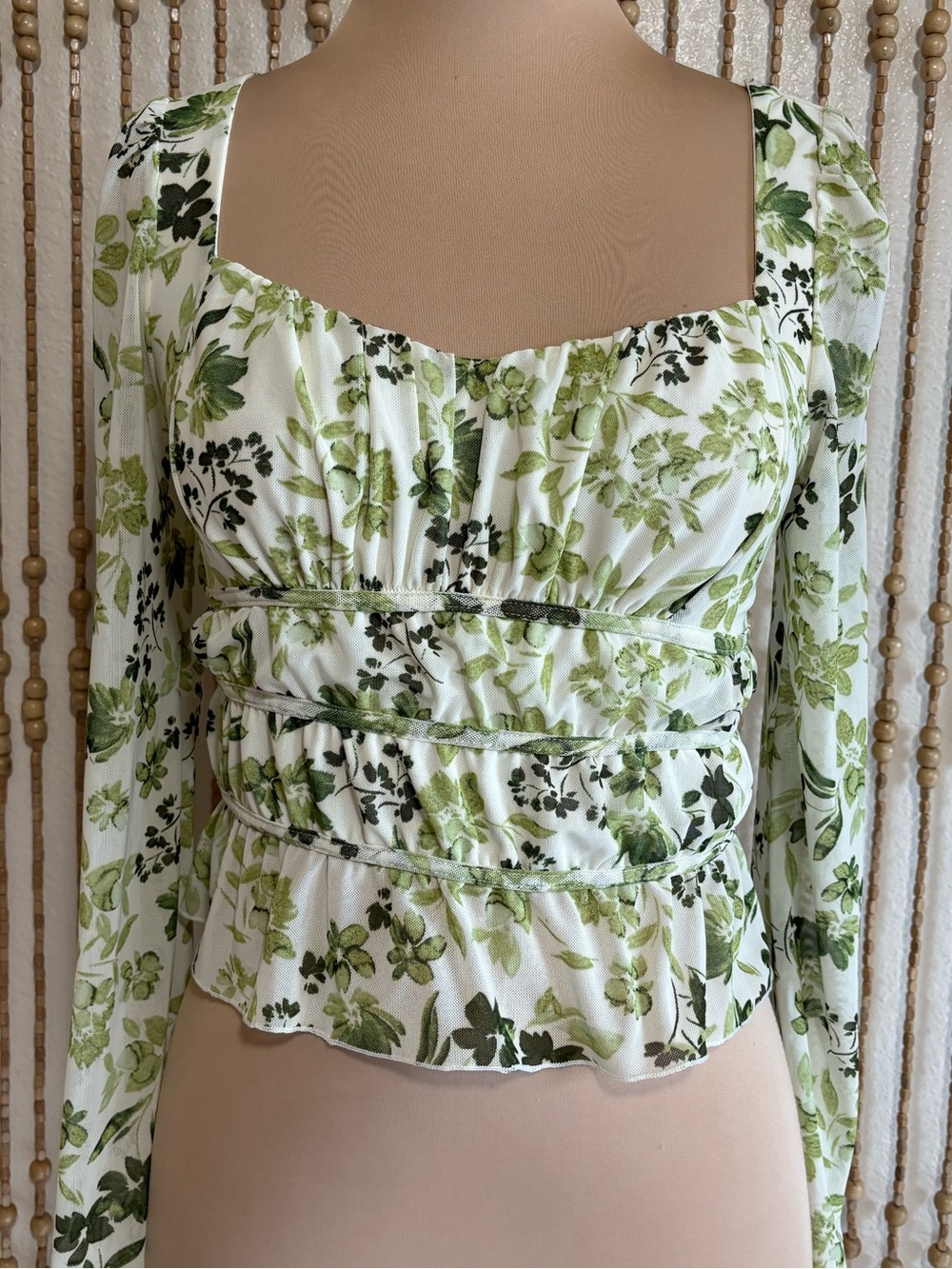 Kirious Green White Botanical Floral Corset Cottage Long Sleeve Smocked Blouse